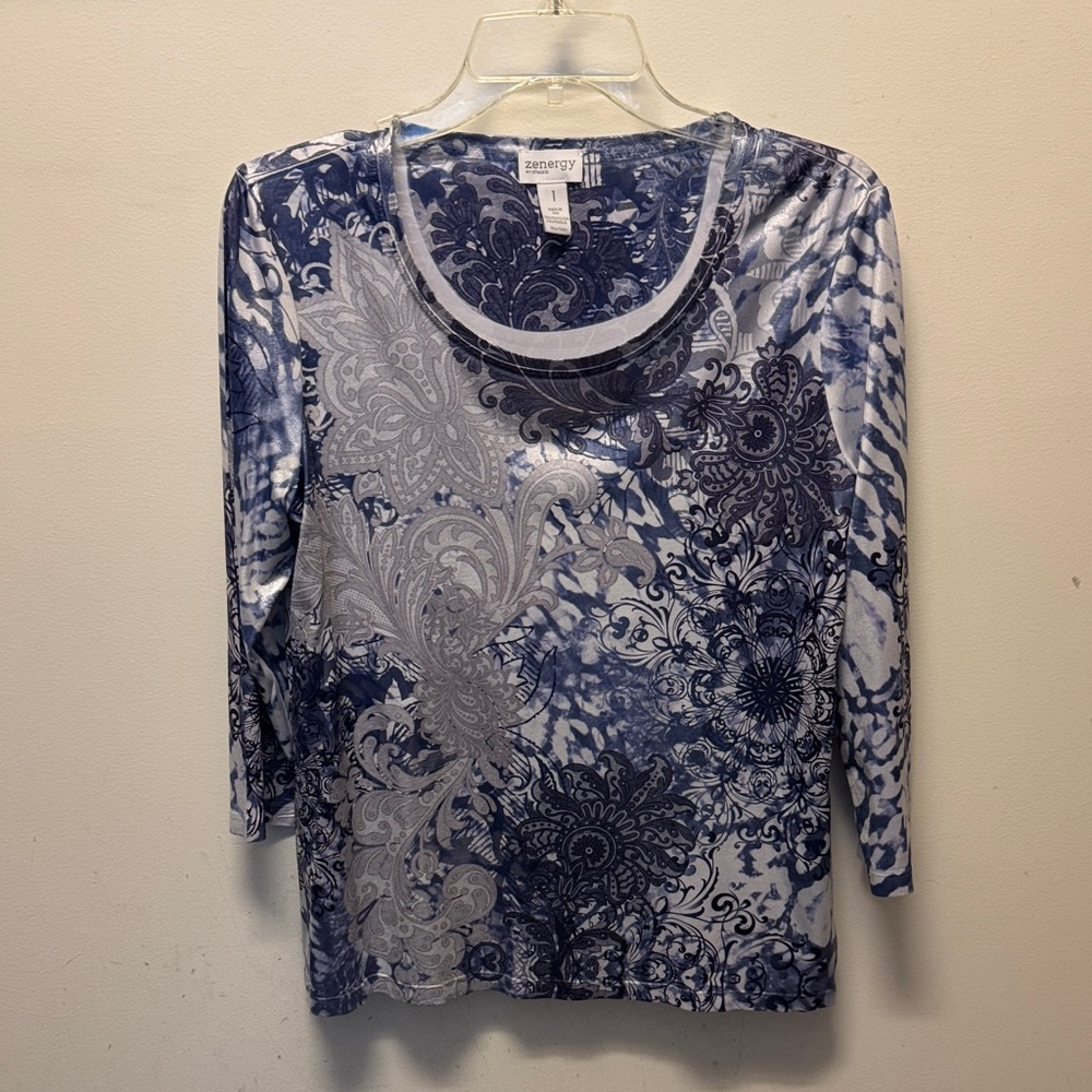 zenergy Navy Blue Printed Long Sleeve Scoop Neck Top